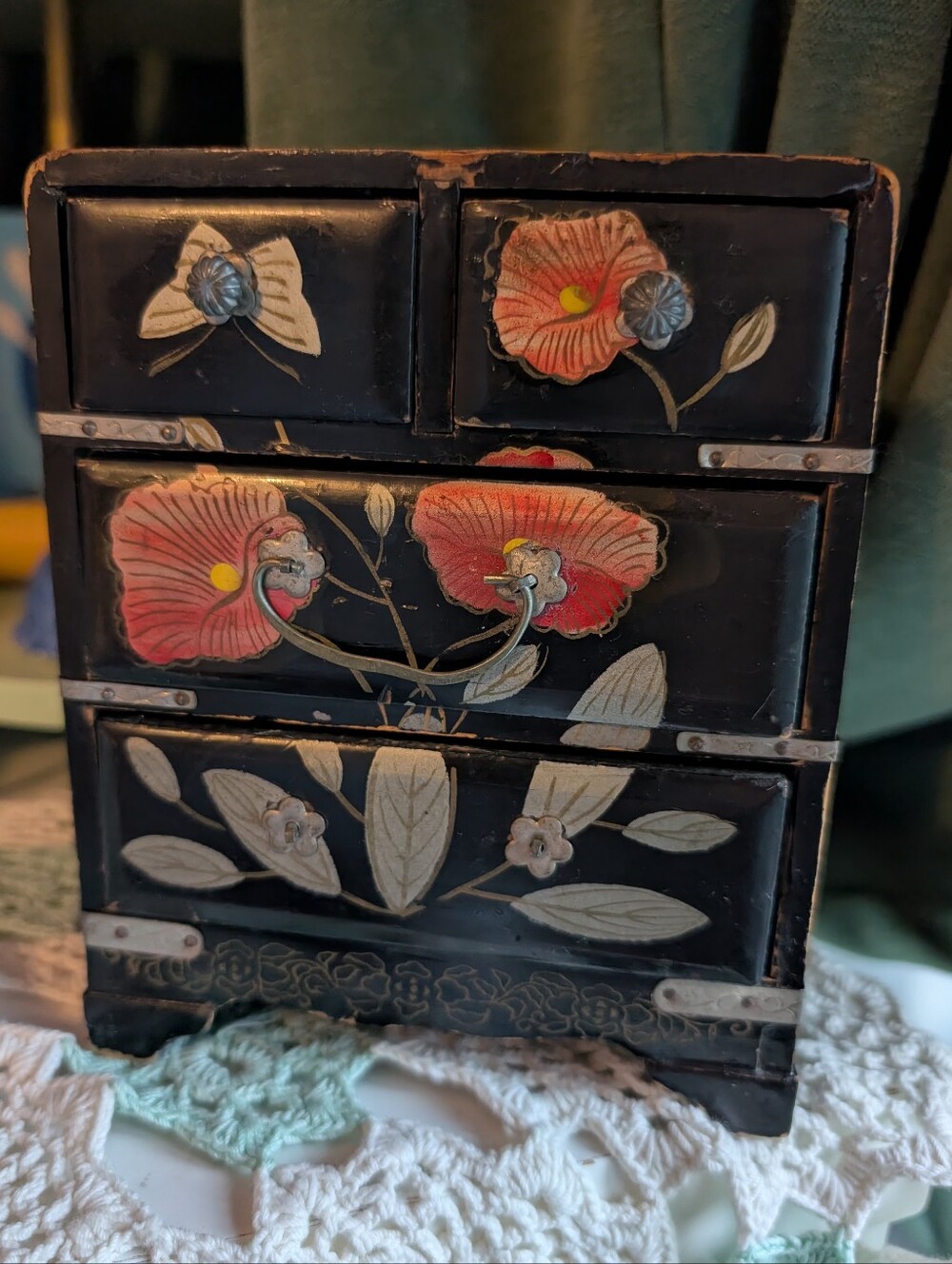 Vintage Japan Miniature Black Wood Ornate Floral Storage Chest Trinket Box